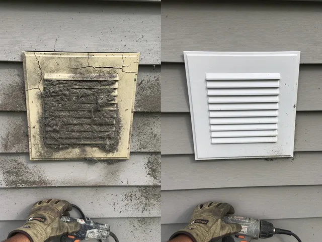 Broadview Heights Dryer Vent Cleaning technician installing high-quality dryer vent cover at a residential property in Broadview Heights