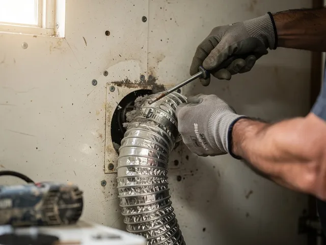 Broadview Heights Dryer Vent Cleaning technician performing precise dryer vent hose installation in Broadview Heights